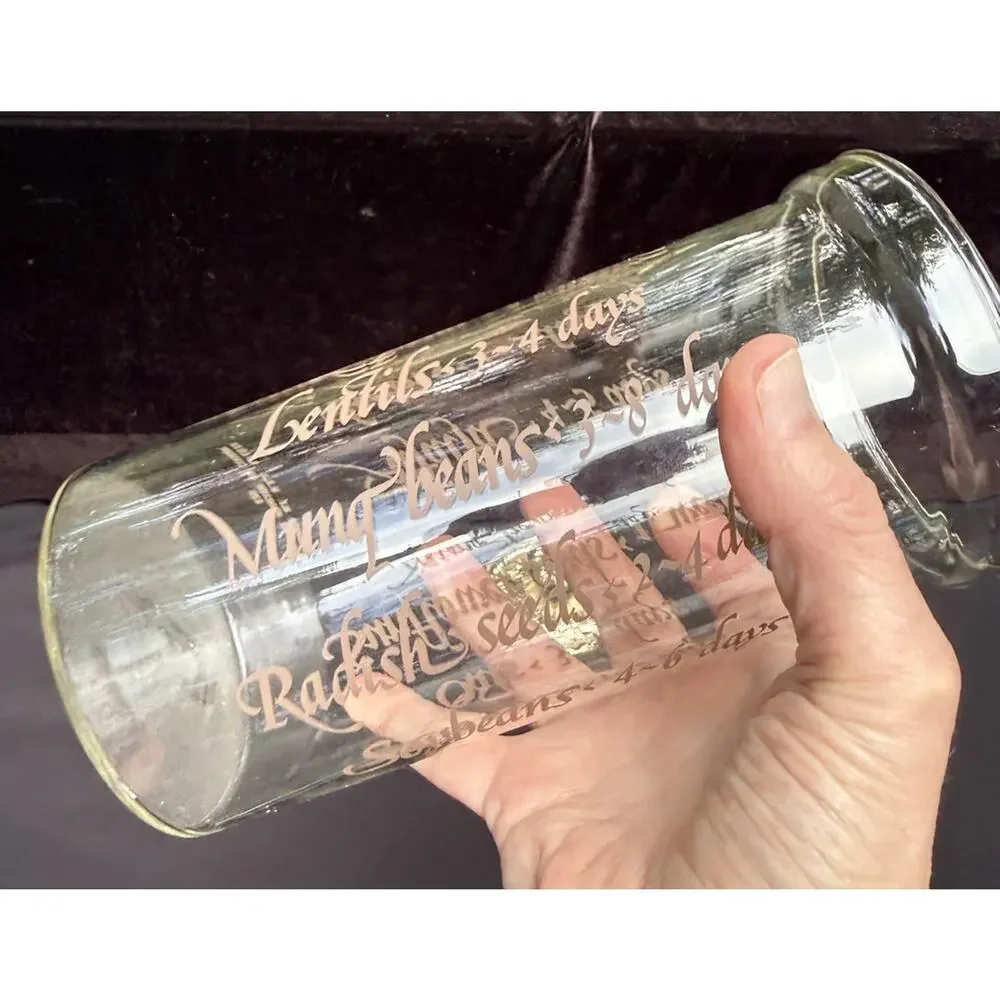 VTG Corning Seed Sprouts Cylinder 520 Glass Clear w/Brown text 1 Liter & Lid